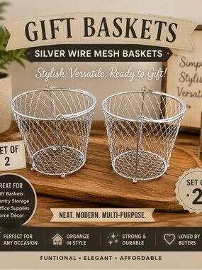 Silver Wire Mesh Gift Baskets Set of 2 Modern Storage & Décor Bins